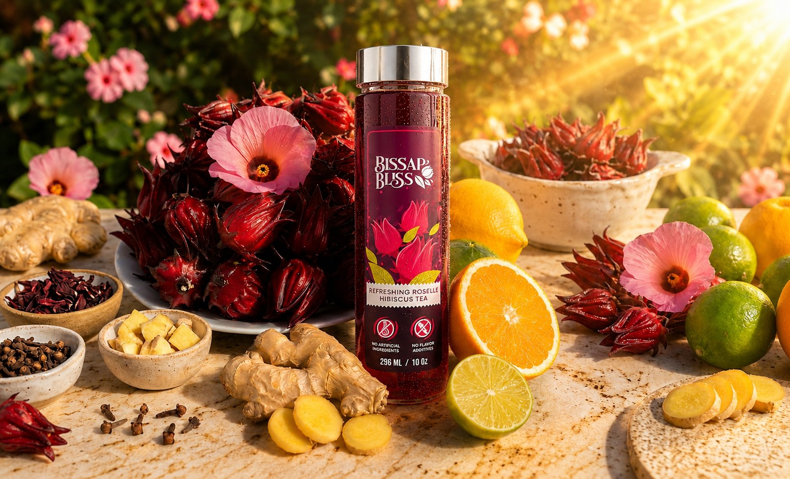 Bissap Bliss bottle with hibiscus and fresh ingredients